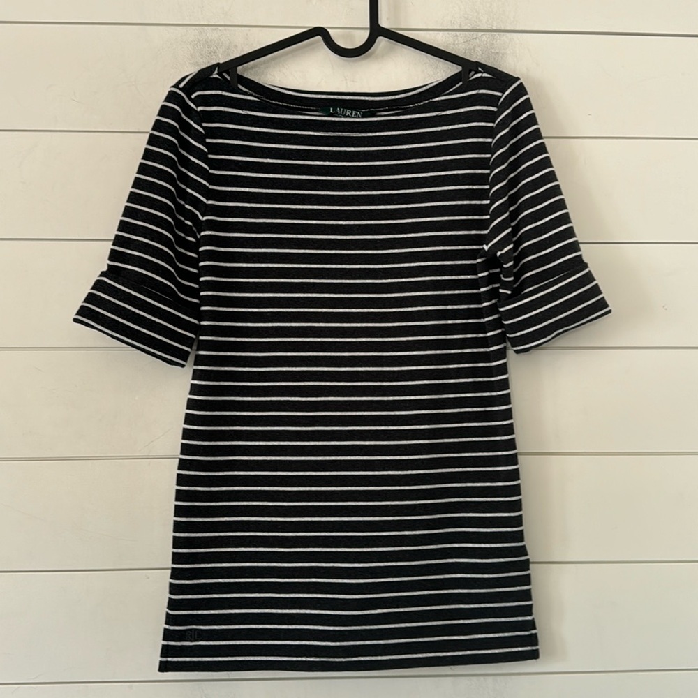 Lauren M Ralph Lauren Dark Navy Black w/Silver nautical Stipe. Cuffed sleeve Bo…